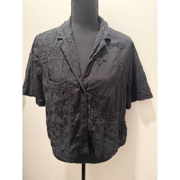 American Eagle Black Eyelet Crochet Patchwork Button Down Shirt Large - Picture 2 of 6